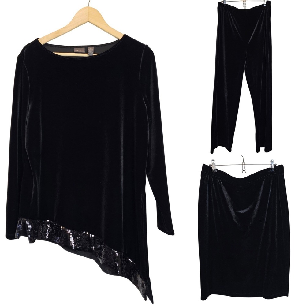 Chico's Velvet Black Sequins Party Top Bundle Pants Skirt Outfit Size 2 Large